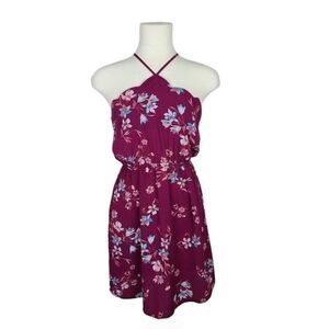 𝅺monteau Burgundy Floral Scalloped Neck Halter Dress Small